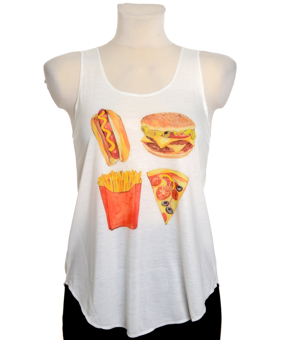 Bővülő szabású női pamut trikó, hot-dog, hamburger, pizza mintával.