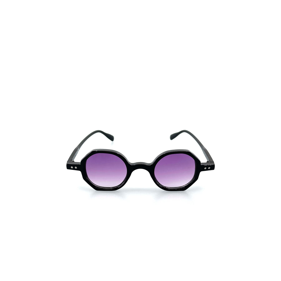 Sokszög alakú, lila színű lencsés, műanyag napszemüveg.
