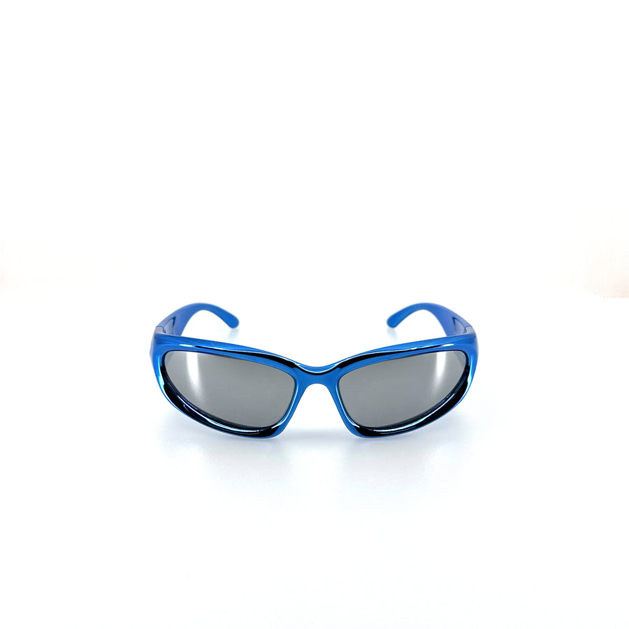 Rave stílusú, UFO fazonú műanyag napszemüveg, metál kék színben.