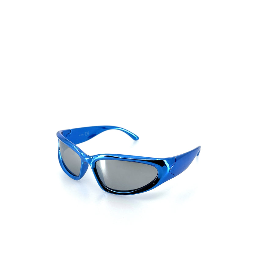 Rave stílusú, UFO fazonú műanyag napszemüveg, metál kék színben.