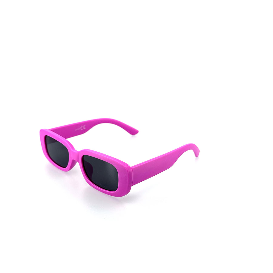 Matt téglalap alakú, pink színű műanyag napszemüveg.