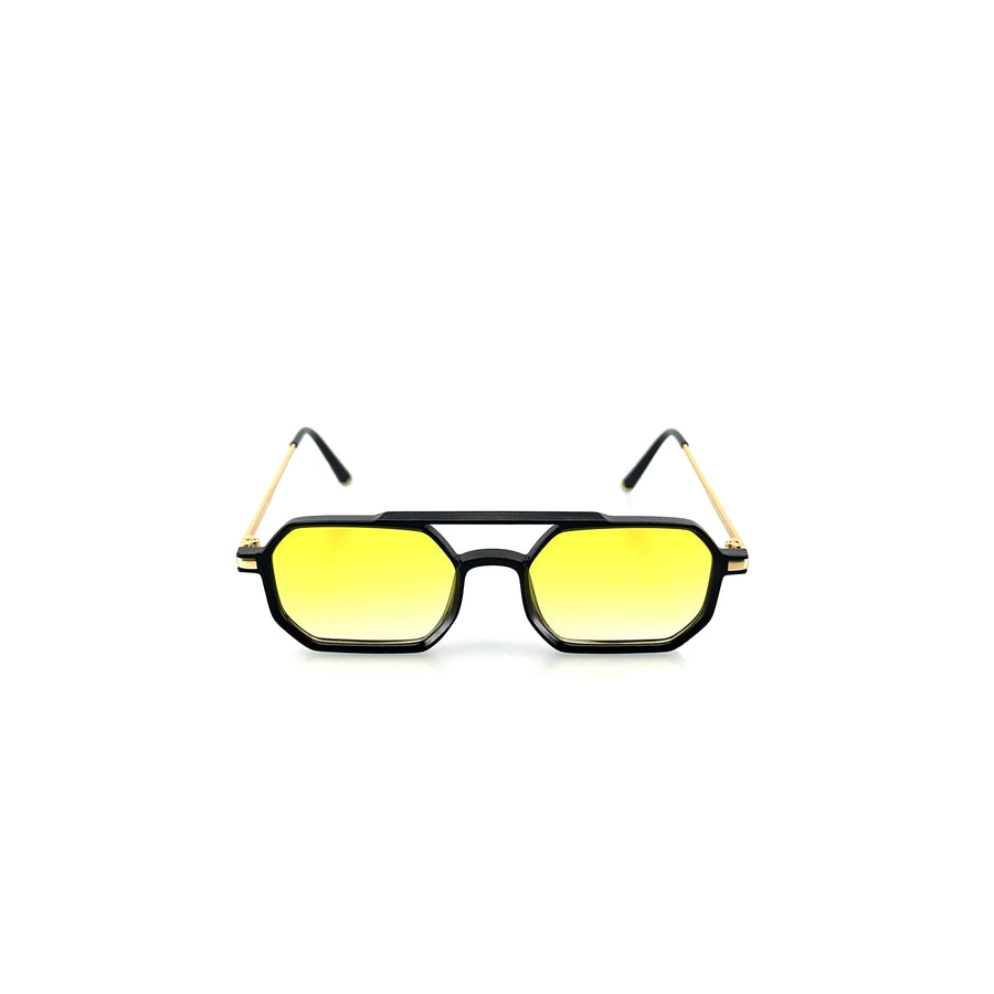 Szögletes, hidas műanyagkeretű, sárga lencsés napszemüveg. 