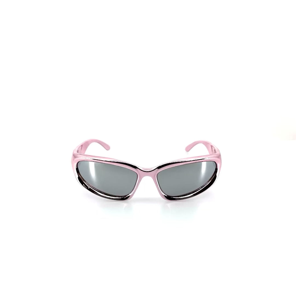 Rave stílusú, UFO fazonú műanyag napszemüveg, metál rózsaszín színben.