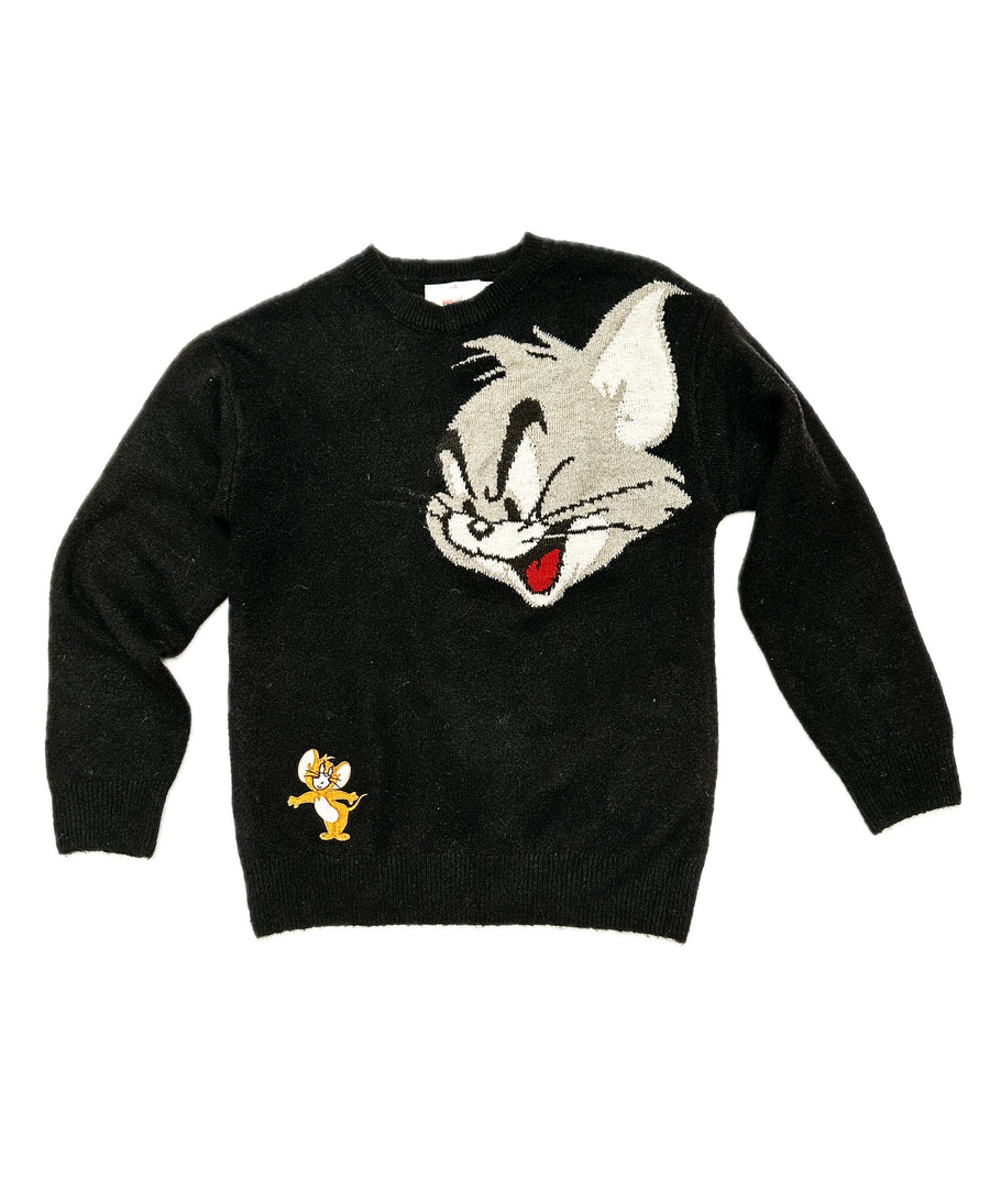 Vintage pulóver, kötött anyagból. Kis méret, 2XS. Fekete színű, Tom és Jerry karakterekkel. 