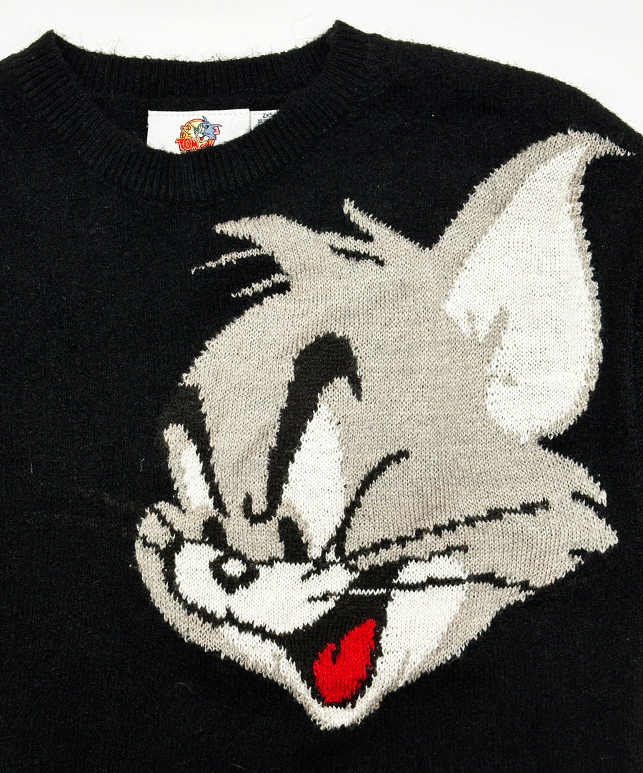 Vintage pulóver, kötött anyagból. Kis méret, 2XS. Fekete színű, Tom és Jerry karakterekkel.