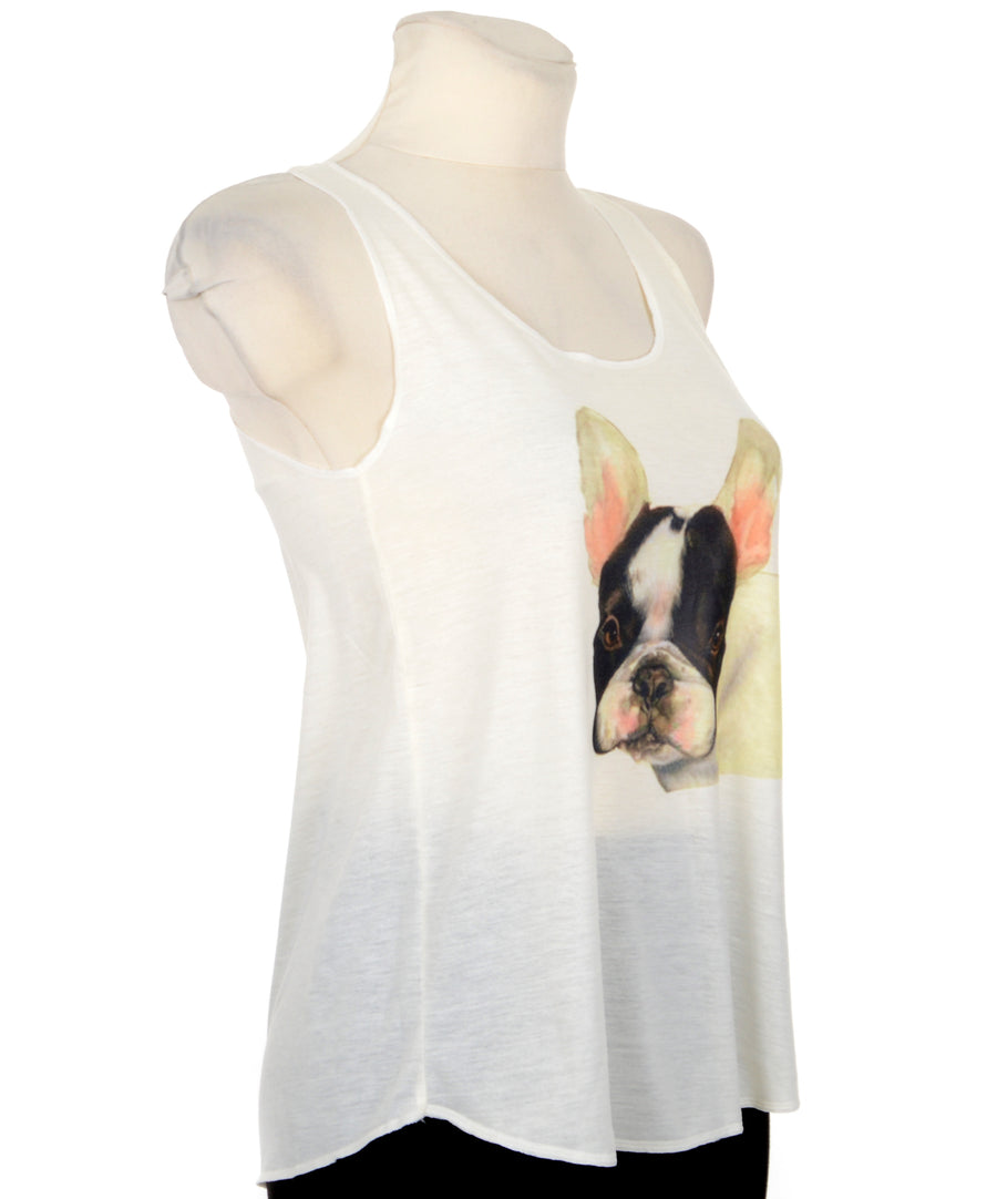 Bővülő szabású női pamut trikó, kutya mintával.