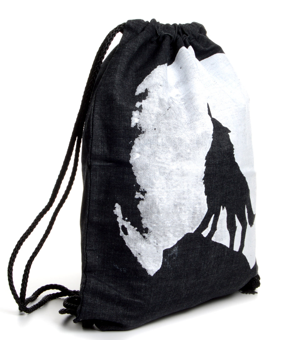Tornazsák stílusú vászontáska holdra üvöltő farkas mintával.