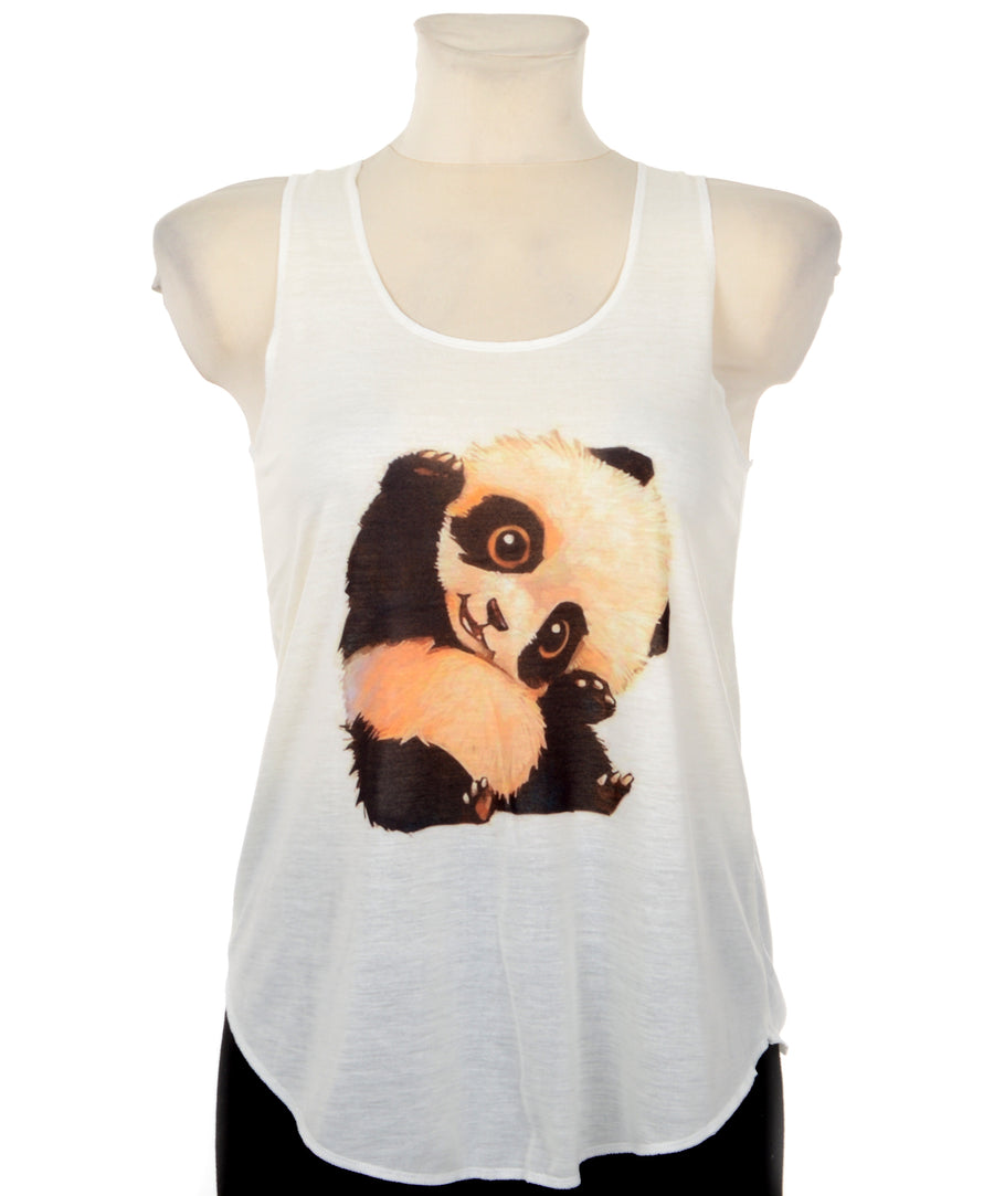 Bővülő szabású női pamut trikó, panda mintával.